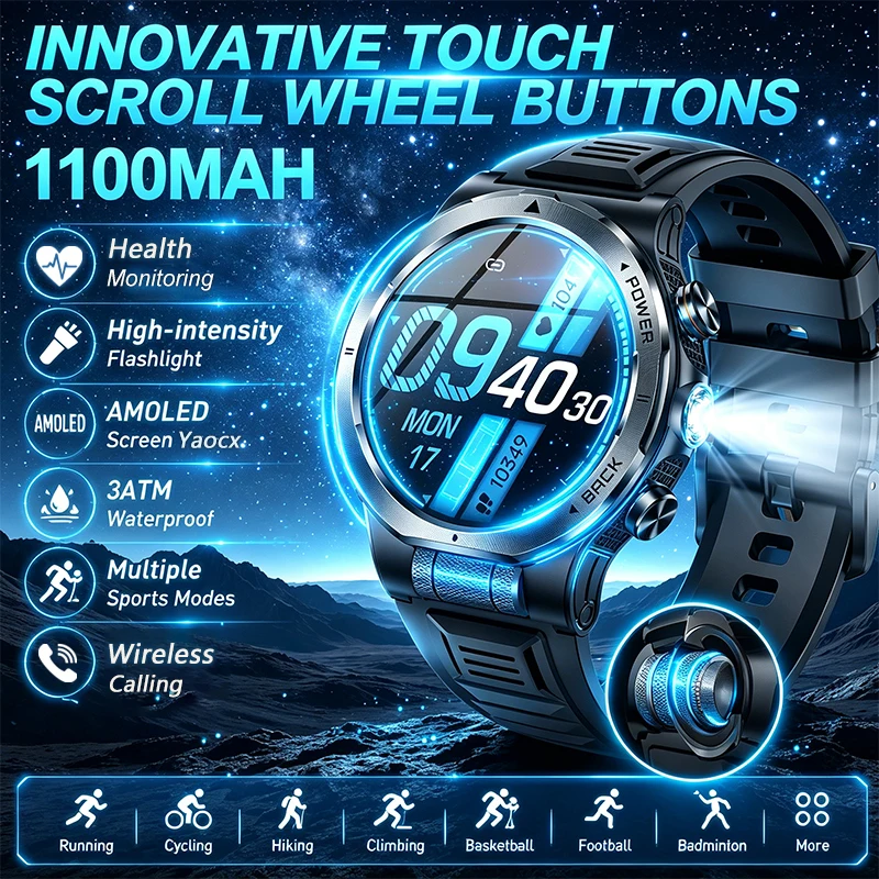 

KT91 AMOLED Smart Watch BT Call Outdoor Sports Compass AI Voice 3ATM Waterproof LED Flashlight 1100mAh Large Battery Smartwatch
