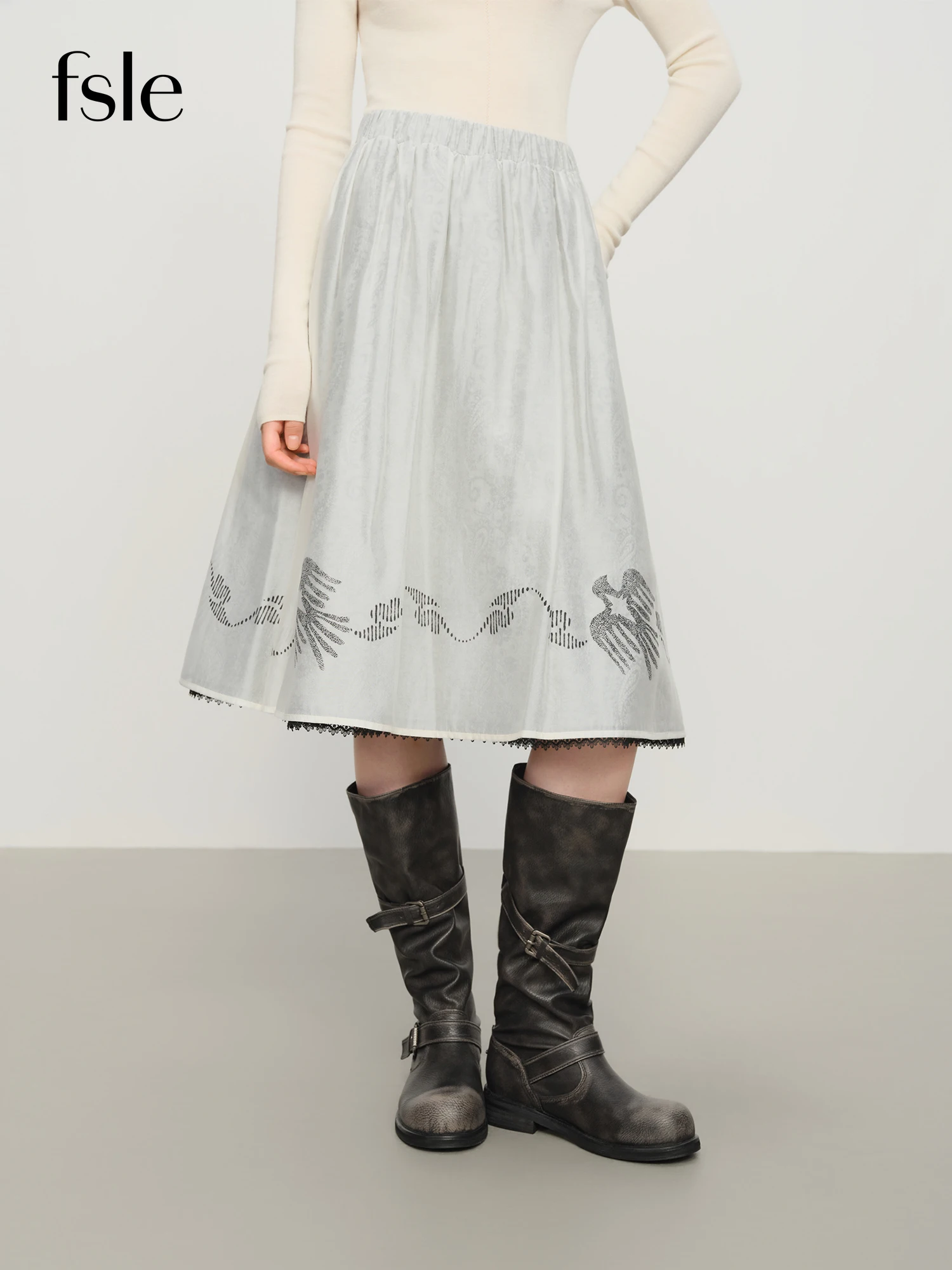 

FSLE【Premium Series】Компьютерная двухслойная юбка трапециевидной формы, новая зимняя юбка с ретро-принтом и эластичной резинкой на талии, однотонные элегантные женские туфли