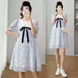 Plus Size Puff Sleeve Square Collar Maternity Floral Dress With Bowknot High Waist Sweet Pregnant Woman Chiffon Dress Wholesale