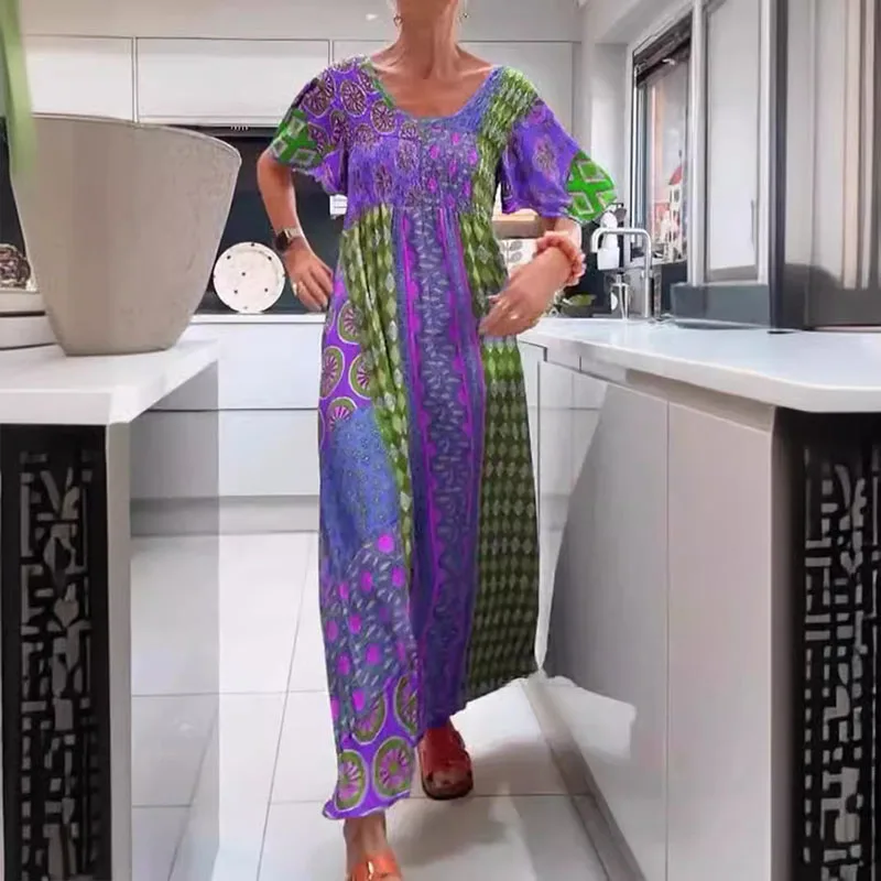 

New Bohemian Loose High Waisted Long Dress Women Casual Short Sleeved Pleated Holiday Dress Elegant Pattern Printed Maxi Dresses