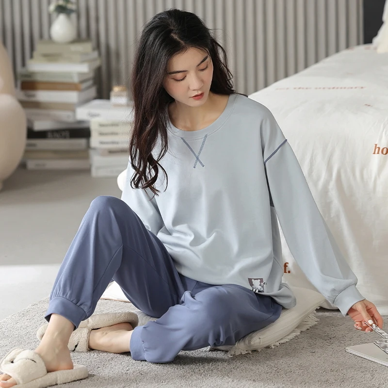 بيجامة من القطن الخالص للخريف والشتاء للنساء، سراويل طويلة بأكمام طويلة، ملابس منزلية بسيطة للنساء، يمكن ارتداؤها في الخارج