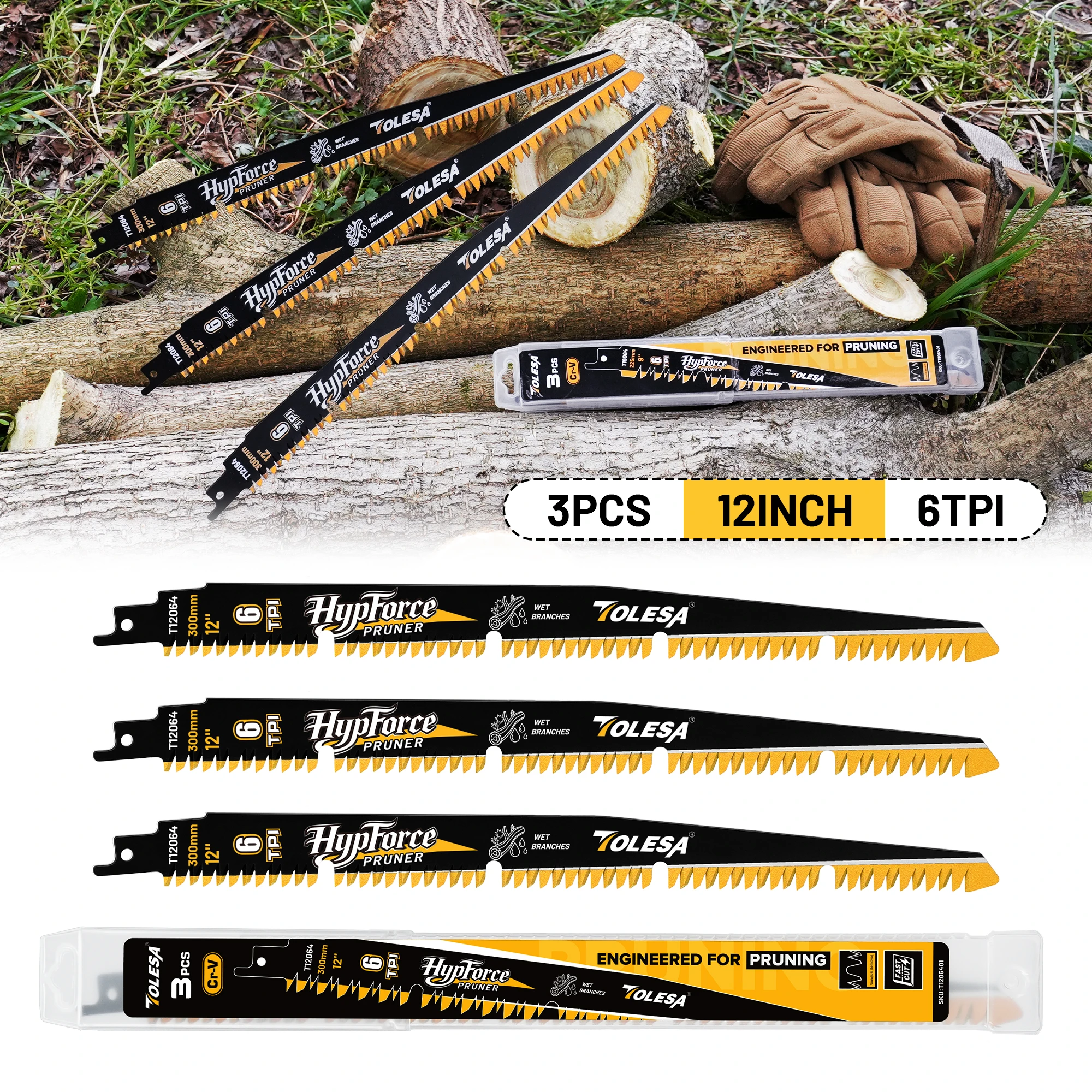 TOLESA 3PCS Japanese Teeth Reciprocating Saw Blades 225mm/300mm Wood Pruning Saw Blades Triple Ground Teeth with U-Groove Design