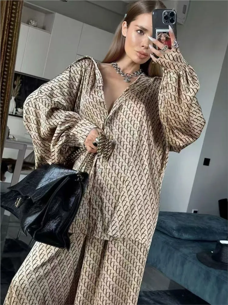 

Woman's Spring Autumn Two-piece Set Female Fashion Print Flip Collar Long Sleeves Shirt Wide-leg Pants Suit Ladies Casual Outfit