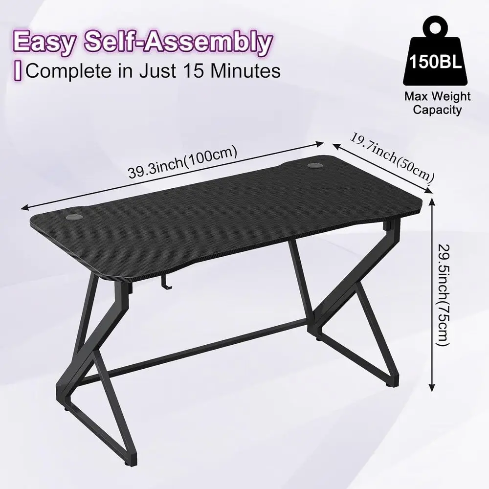 مكتب ألعاب من ألياف الكربون 40 على شكل حرف Z مع خطاف لسماعة الرأس لألعاب الكمبيوتر ومحطة العمل #3