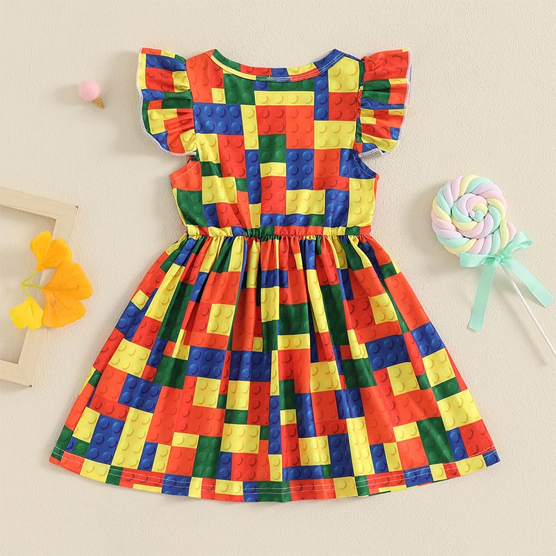 Baby Girl Building Block Print Dress Toddler Fly Sleeve A-line Princess Dresses for Casual Daily Summer Streetwear 6Month-5Years