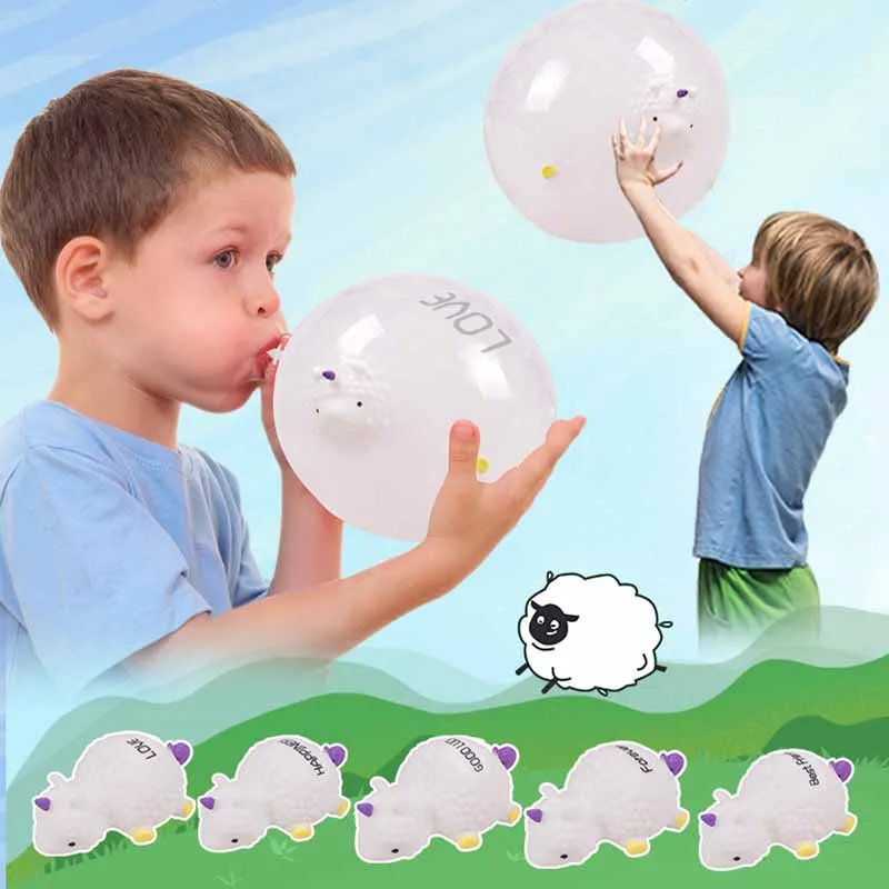 2Pcs Novelty TPR Blowable Animal Bobble Ball Toy Cartoon Inflatable One-horned Sheep Bobble Ball Toys Kids Stress Relief Toys