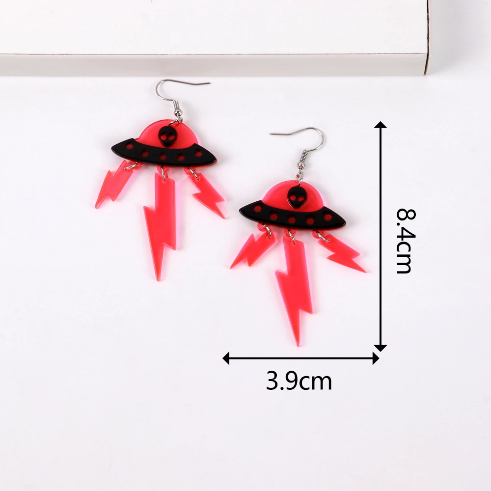 Funny Alien Lightning Tassel Acrylic Women\'s Earrings Cute Colorful UFO Spaceship Dangle Pendant Earring 2023 Jewelry Gifts