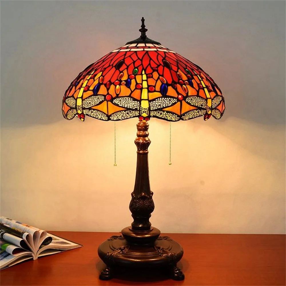 

FUMAT Handmade Stained Glass Led Table Lamp Tiffany 18-inch Red Dragonfly Home Decoration Lamp Living Room Bedroom Table Lamp