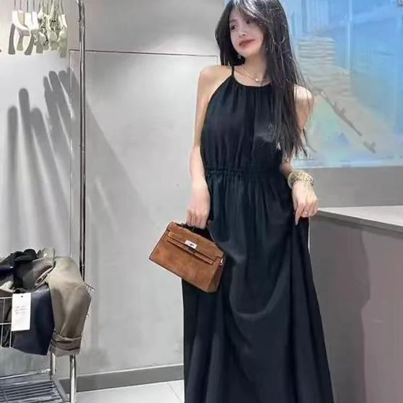 Summer Sexy Sleeveless Black Dress Halter Women's Waist Hollow Long Beach Dress