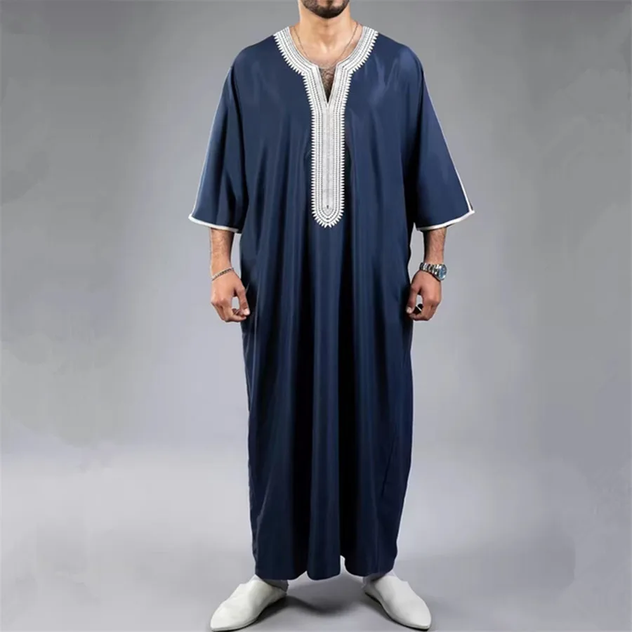 2024 Zomer Nieuwe Kaftan Moslim Kleding Mannen Korte Mouw Geborduurde Losse Jubba Thobe Casual Gewaad Islamic Abaya Kaftan Jurk