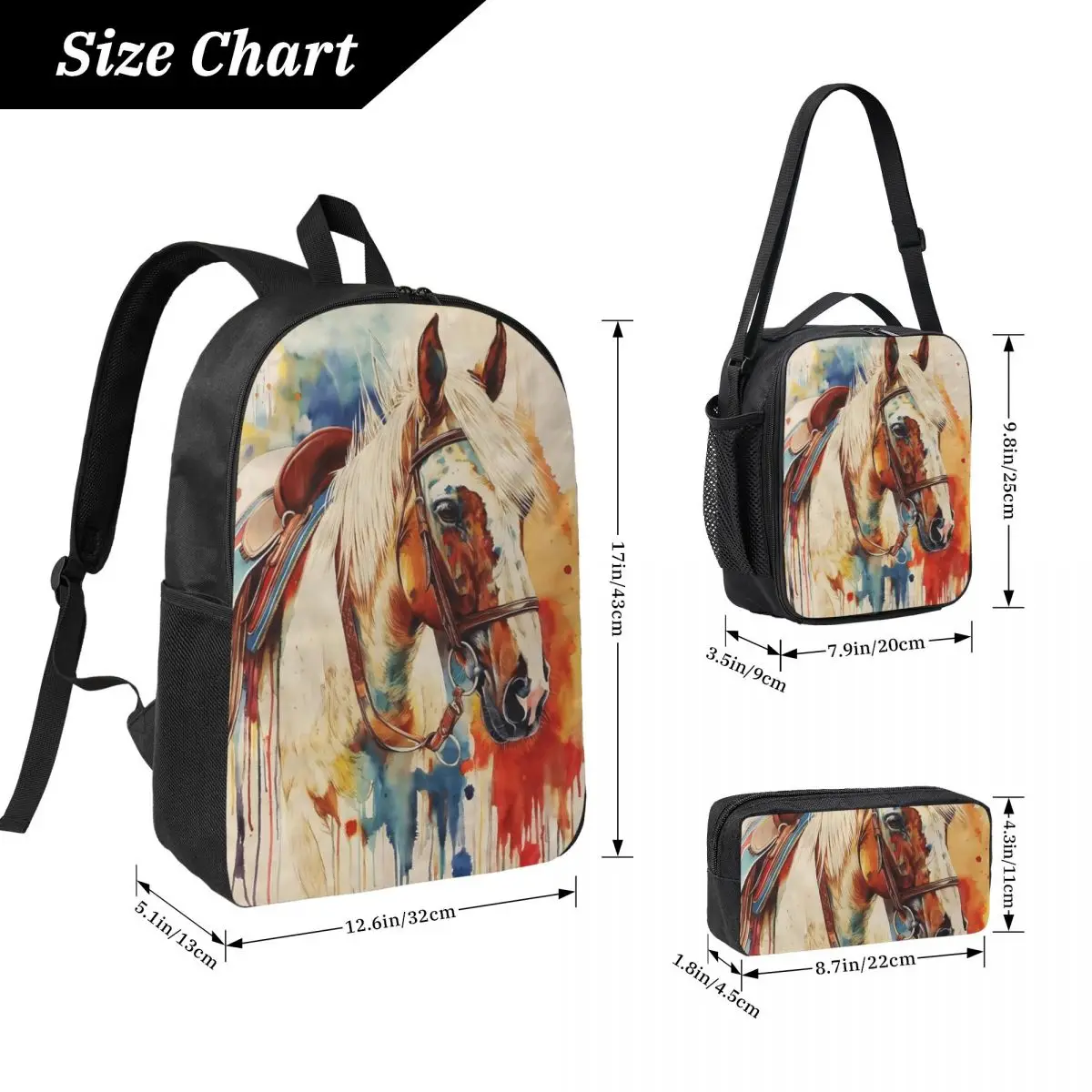 Horse Backpacks with Lunch Box Pencil Case 17 Inch Lightweight Bookpack 3 in 1 Set Back To Shool Supplies for Kids