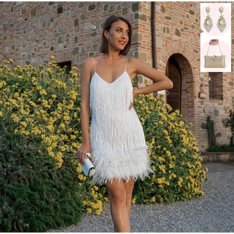 with earring bag Handmade Women Feather Tassel Bling Deep V Dress Fashion Fringe Dresses for Halloween Christmas Evening Party