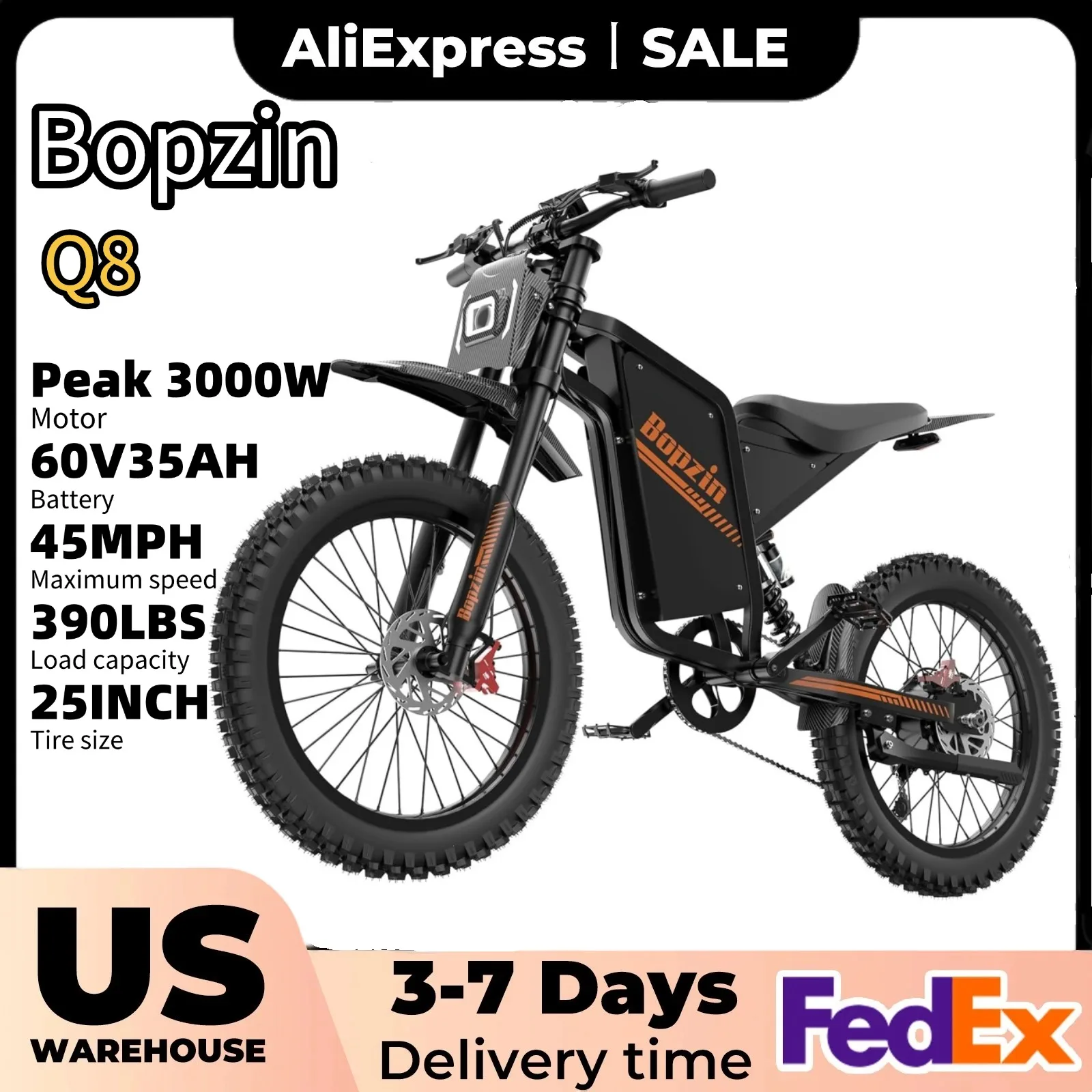 

BOPZIN Q8 Electric Bicycle 3000W 60V 35AH Long Range Dirt Mountain E-Bike Big Power Locomotive Tire Electric Bikes for Adults