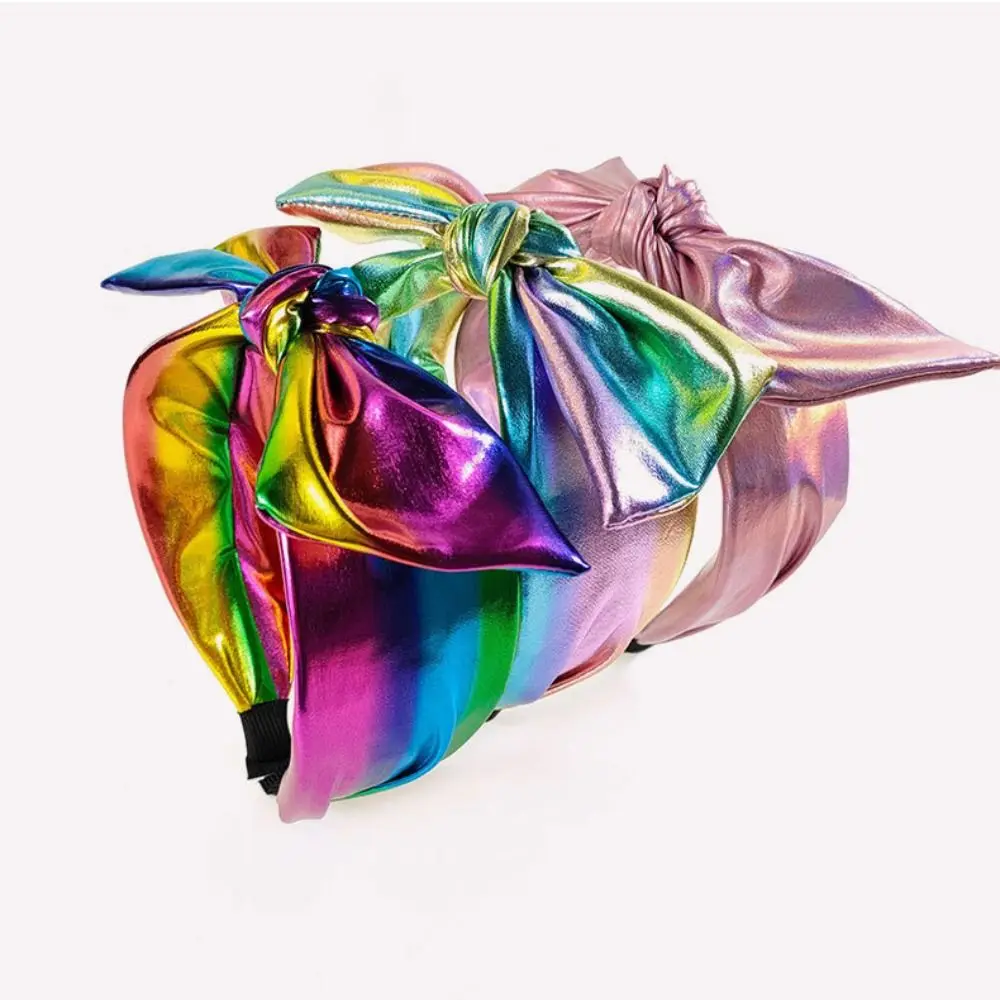 Metallic Bow Knot Headband Shiny Holographic Non Slip Wide Top Knot Hair Hoop Twist Design Iridescent Rainbow Foil