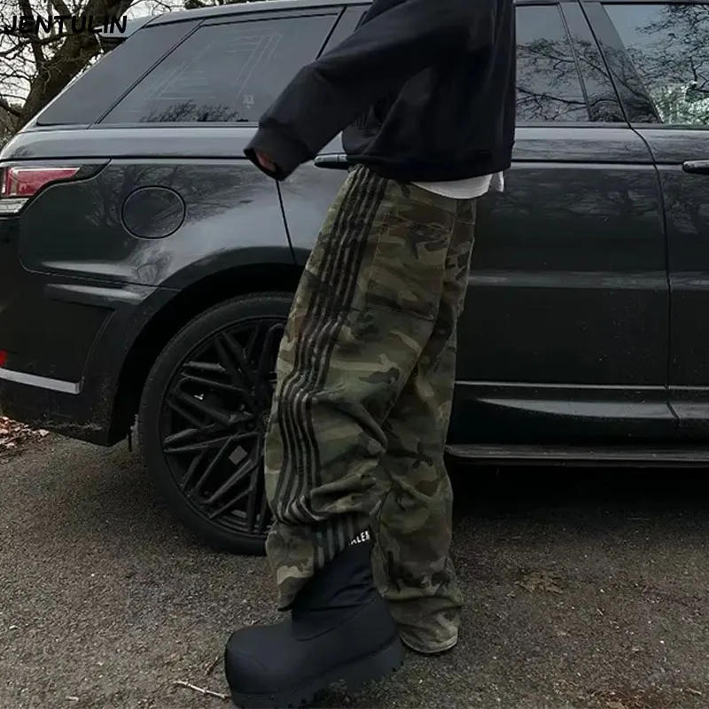 Y2K pantalones vaqueros holgados de camuflaje estéticos de alta calidad, pantalones de chándal Harajuku para mujer, ropa informal estilo Hip Hop, pantalones vaqueros de pierna ancha informales