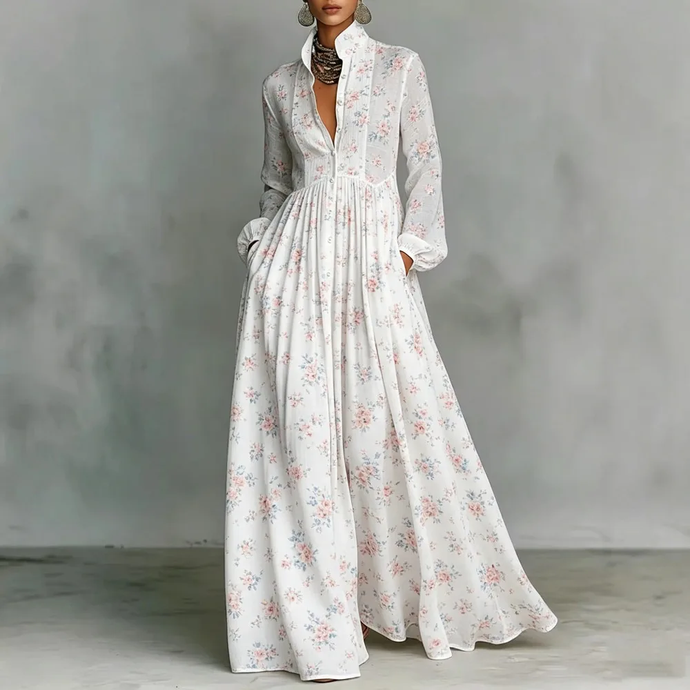 

Women's Fashion Ethnic White Pink Print Maxi Dress Elegant Party Stand Collar Long Sleeve Casual Long Bohemian Dress