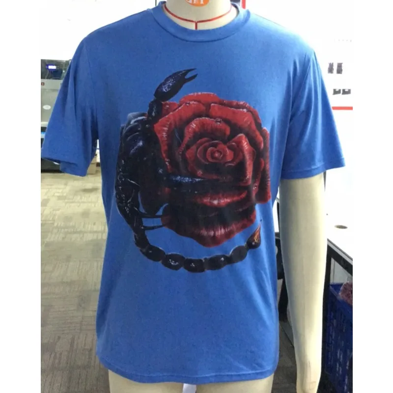 European American High Street T-shirt Fashion Red Rose Scorpion Print Top Round Neck Elastic Slim Fit Shirt Spring/Summer Style