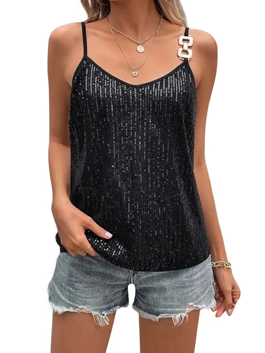 Fashion Ladies Sequin Cami Tops Spaghetti Strap V-Neck Sparkle Shimmer Women´s Summer Running Vests Loose Sleeveless Tanks Tops