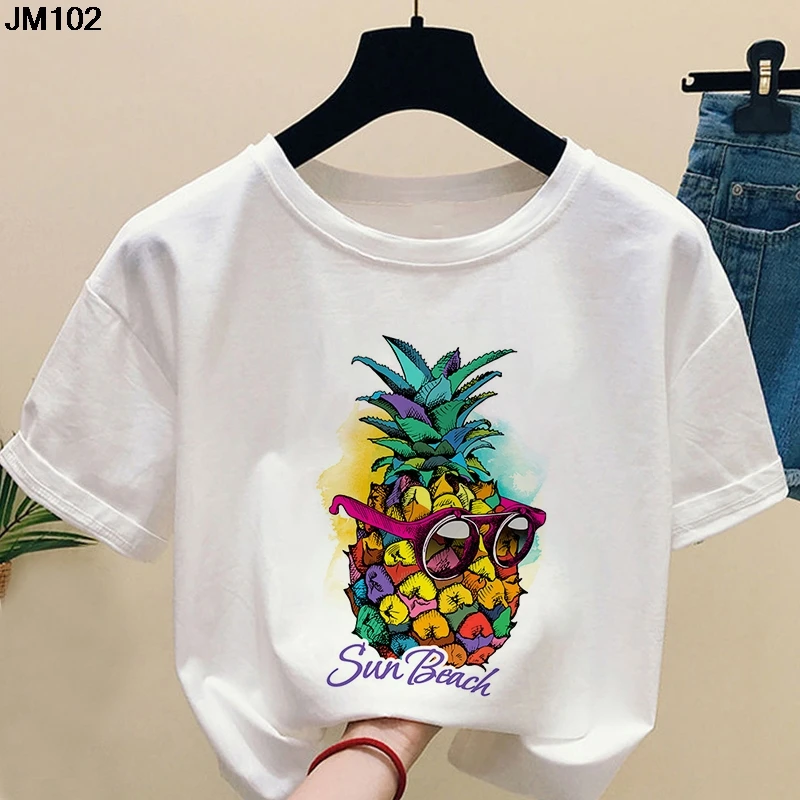 Harajuku Women's Funny Pineapple Print Tshirt Summer Fashion Fruit Strawberry Pattern Short Sleeve Top Female T Shirt Ladies Tee