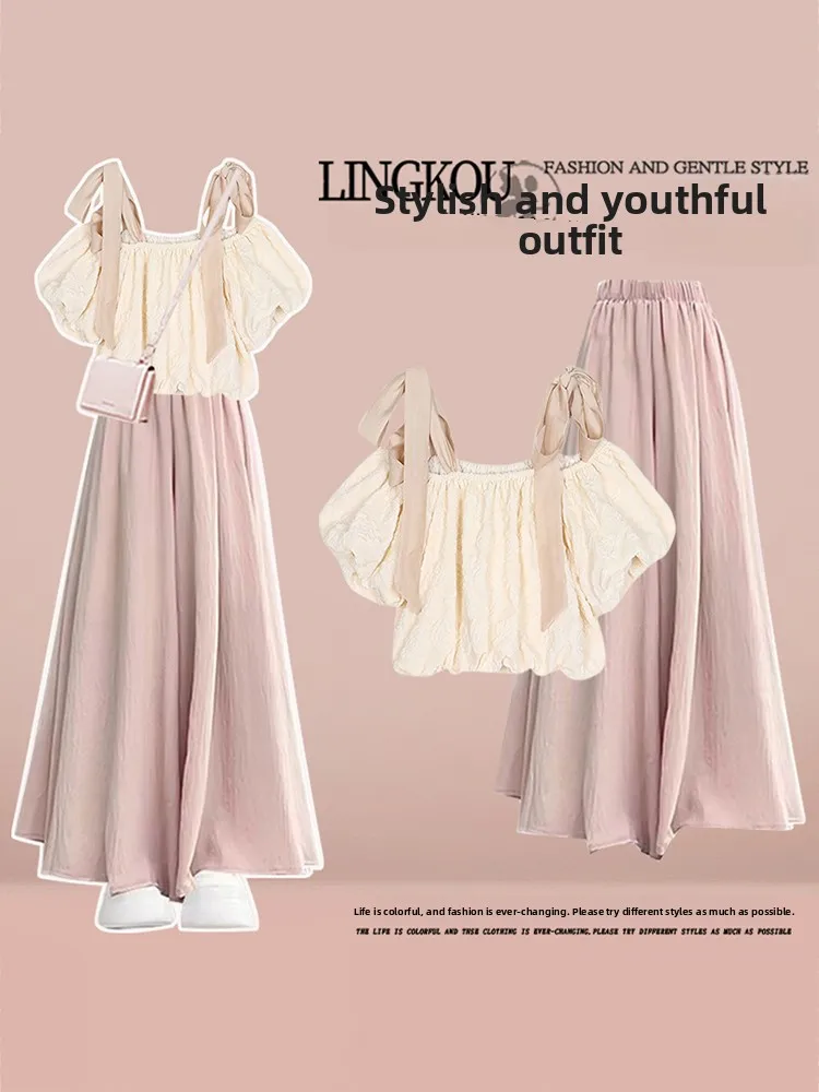 甘いショート恋人ショルダー夏服女性のツーピースセット優しいスタイルハイウエストカジュアルパンツ耐久性のある素材