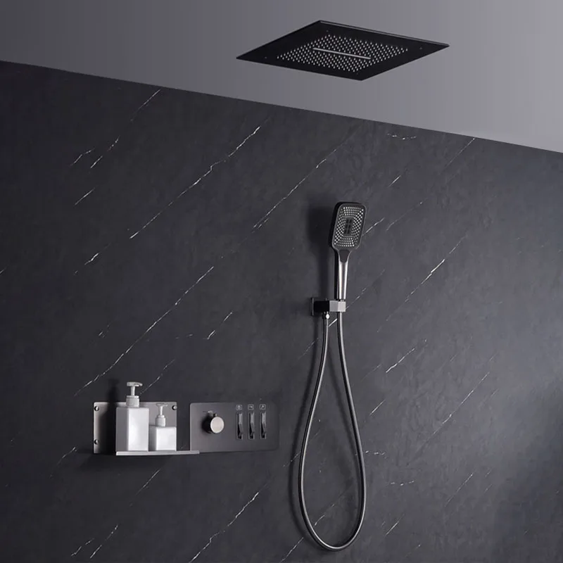 

Душевой набор из матовой латуни под золото: потолочная лейка-водопад/тропический душ, скрытый термостатический смеситель, ручная лейка с 3 функциями