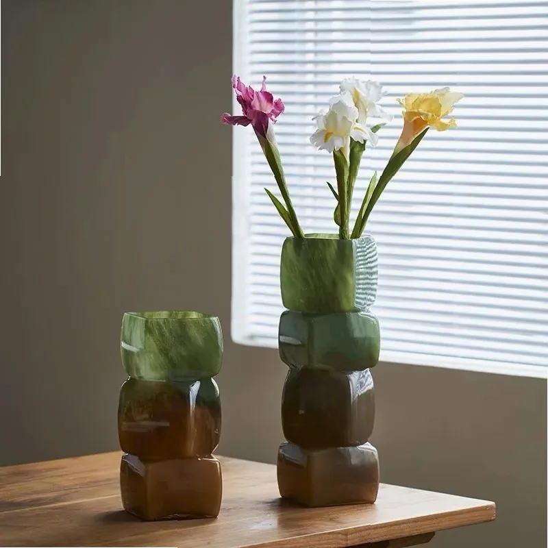 Glass Vase Geometric Square Stacking Marbling Gradient Flower Vase Floral Arrangement Accessories