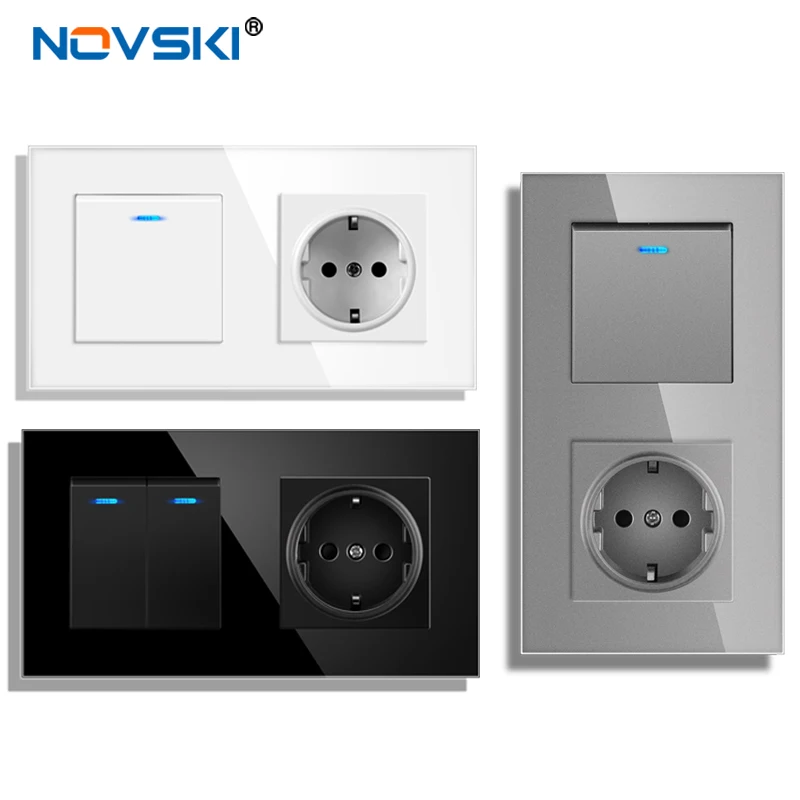 

Novsk European standard wall socket with rocker switch 220v 16A usb glass panel socket with 1/2/3 way combination LED light swit