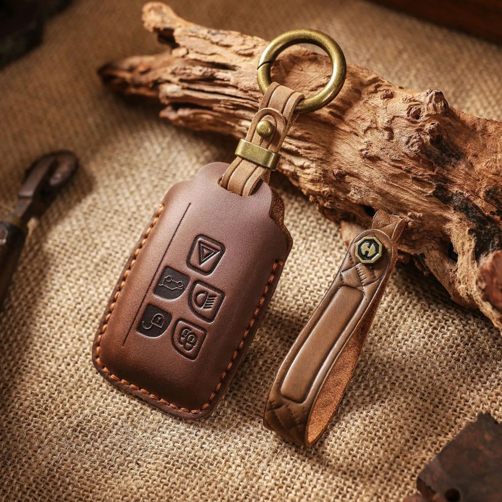 Genuine Leather Key Cover for Range Rover Evoque Discovery Jaguar XF Full Enclosed Anti Scratch Fob Protector w/ Metal Ring view 2