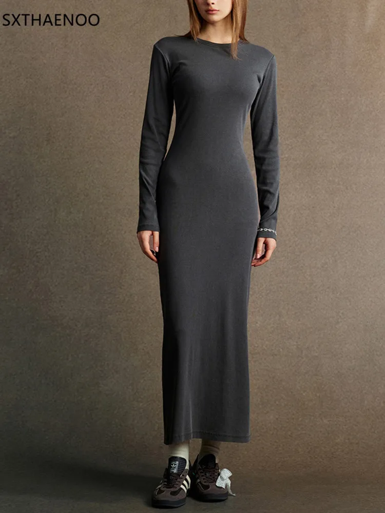 

SXTHAENOO Slim Fit Long Sleeves Knitted Round Neck Dark Color Dresses Women's Buttock Cover Dress Autumn F Soft Vestidos 2025