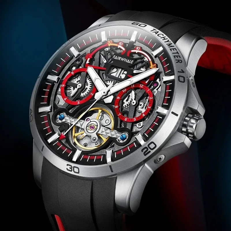

Fairwhale Men's Automatic Winding Mechanical Watch Fashion Silicone Strap Tourbillon Skeleton Design Port Watch