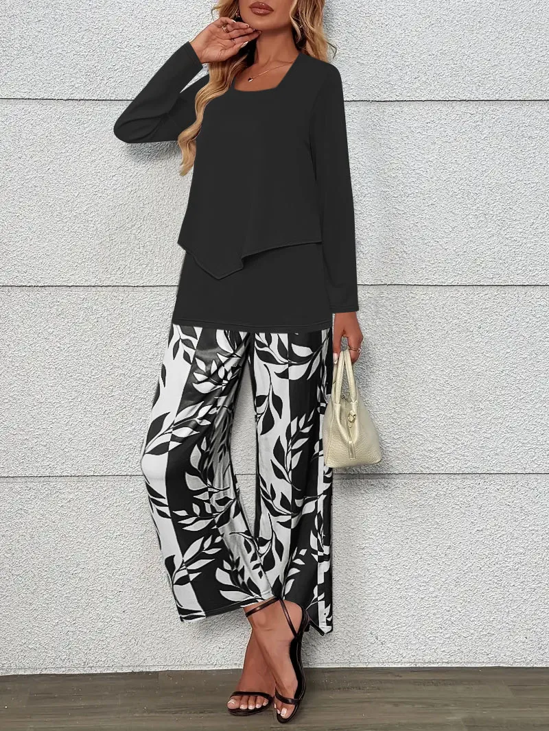 Plus-size European and American cross-border autumn and winter printed long-sleeve set, casual and elegant commuter two-piece se