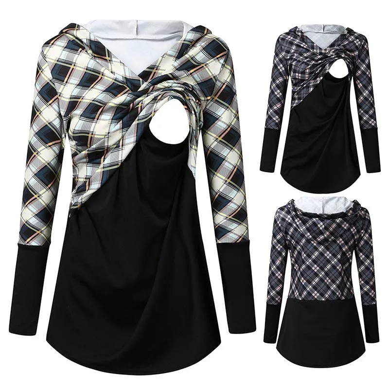 

Maternity Nursing Plaid Hoodie Sweatshirt Pullover Tops Long-sleeved Pregnant Breastfeeding Hoodies Clothes Pregnancy Womens