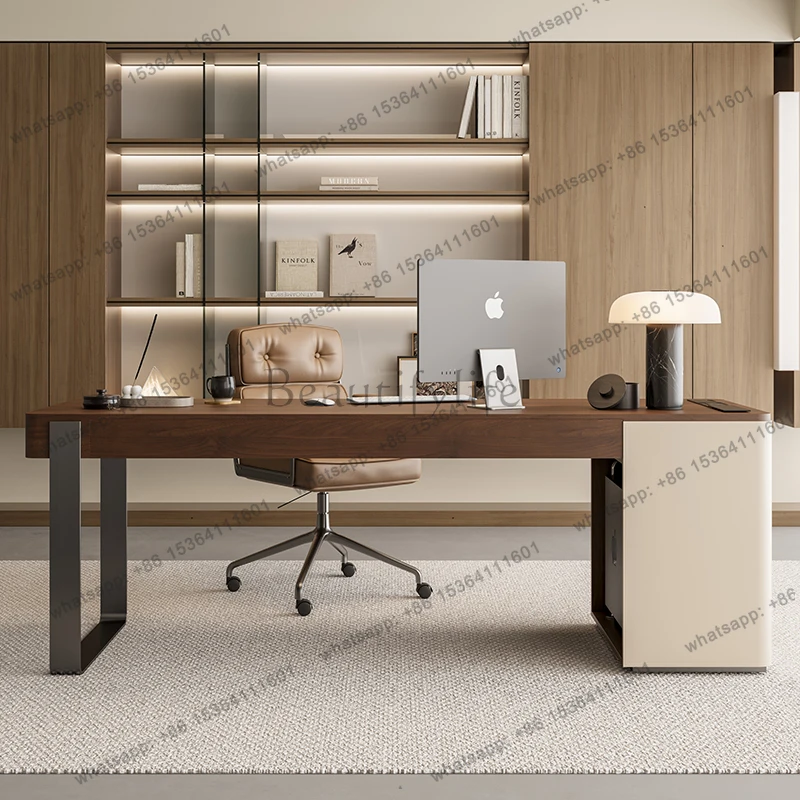 

56 Medieval style solid wood desk minimalist home office high-end saddle leather walnut writing desk