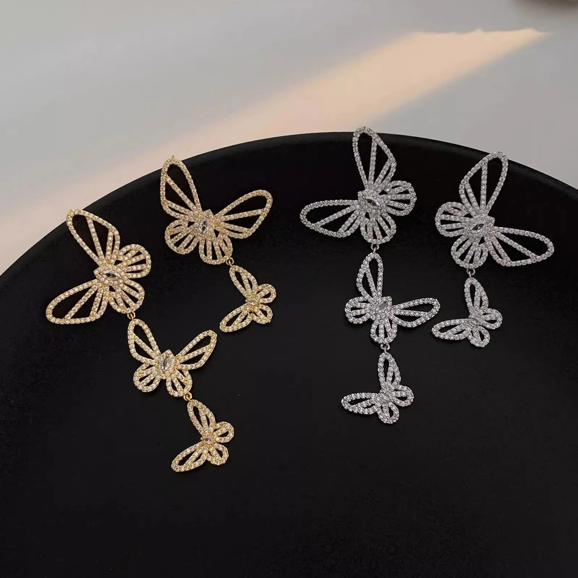 

silver gold color butterfly earrings for women shiny zirconia luxury jewelry dinner party asymmetric pendant earrings gift