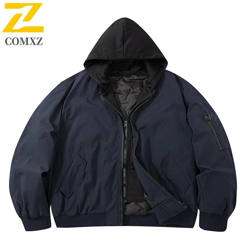 Warm Down Jacket Men's American Fake Two Piece Hooded Winter Outdoor Skiing Puffer Jacket Street Gorpcore Cotton Padded Jacket