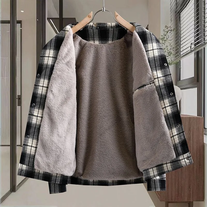 

Men's Autumn Winter Thickened Fleece Lapel Cool Cotton-padded Jacket for Junior Senior High Coat Teenagers' Checked Denim Jacket