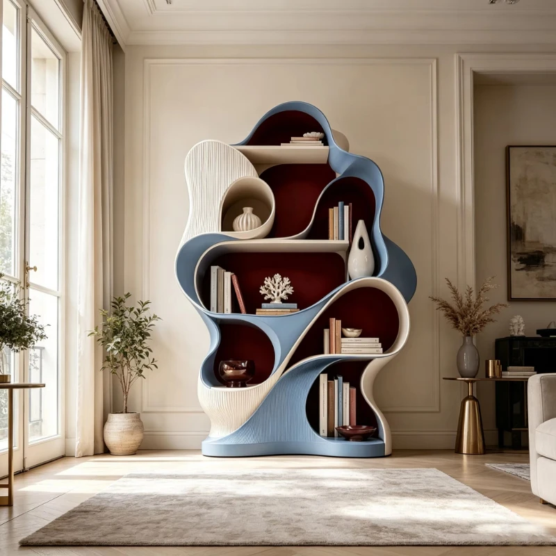 Multi-layer hollow sculptural fiberglass bookcase with streamlined asymmetrical shape