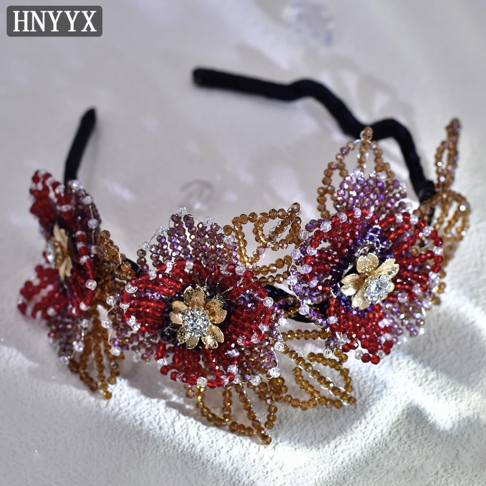 HNYYX Crystal Beaded Flower Headband Red Vintage Headband for Women Festive Decor Hair Accessories Wedding Party Head Piece A62