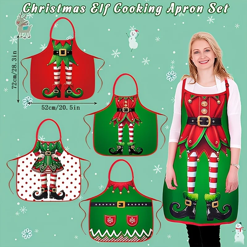 

4PC Santa Claus Apron Christmas Tree Dinner Decoration Men and Women Home Kitchen Cooking Baking Oil-proof Apron