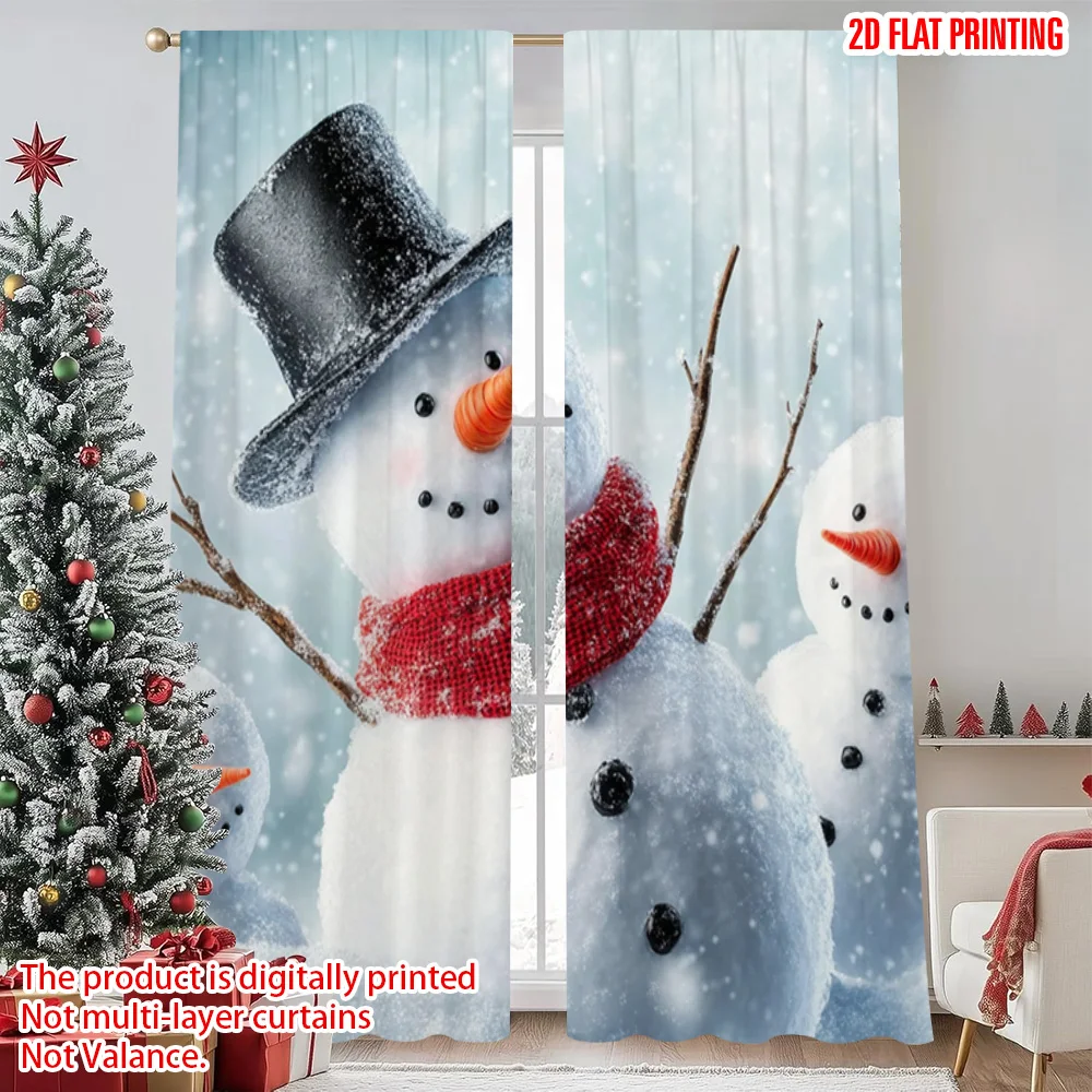 

2pcs 2D flat printing Merry Christmas Popular Curtains Snowman Winter Scenery Machine Washable Polyester Without Electricity