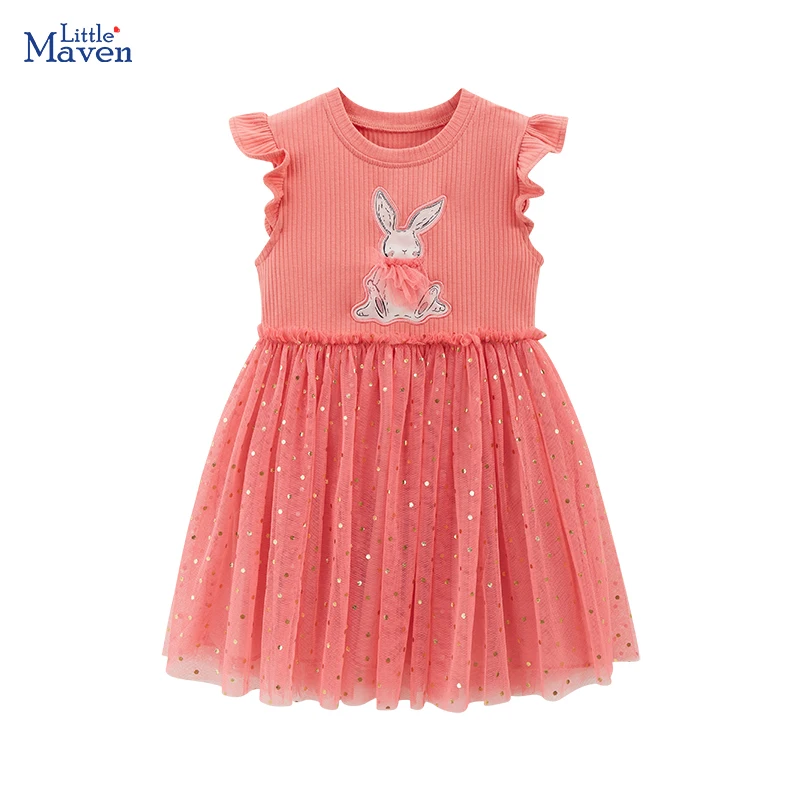 Little maven 2025 Children Clothing Baby Girls Korean Kids Clothes Cartoon Rabbit Applique Mesh Dresses Summer Princess Dress