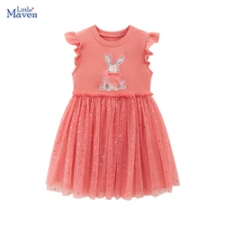 Little maven 2024 Children Clothing Baby Girls Korean Kids Clothes Cartoon Rabbit Applique Mesh Dresses Summer Princess Dress