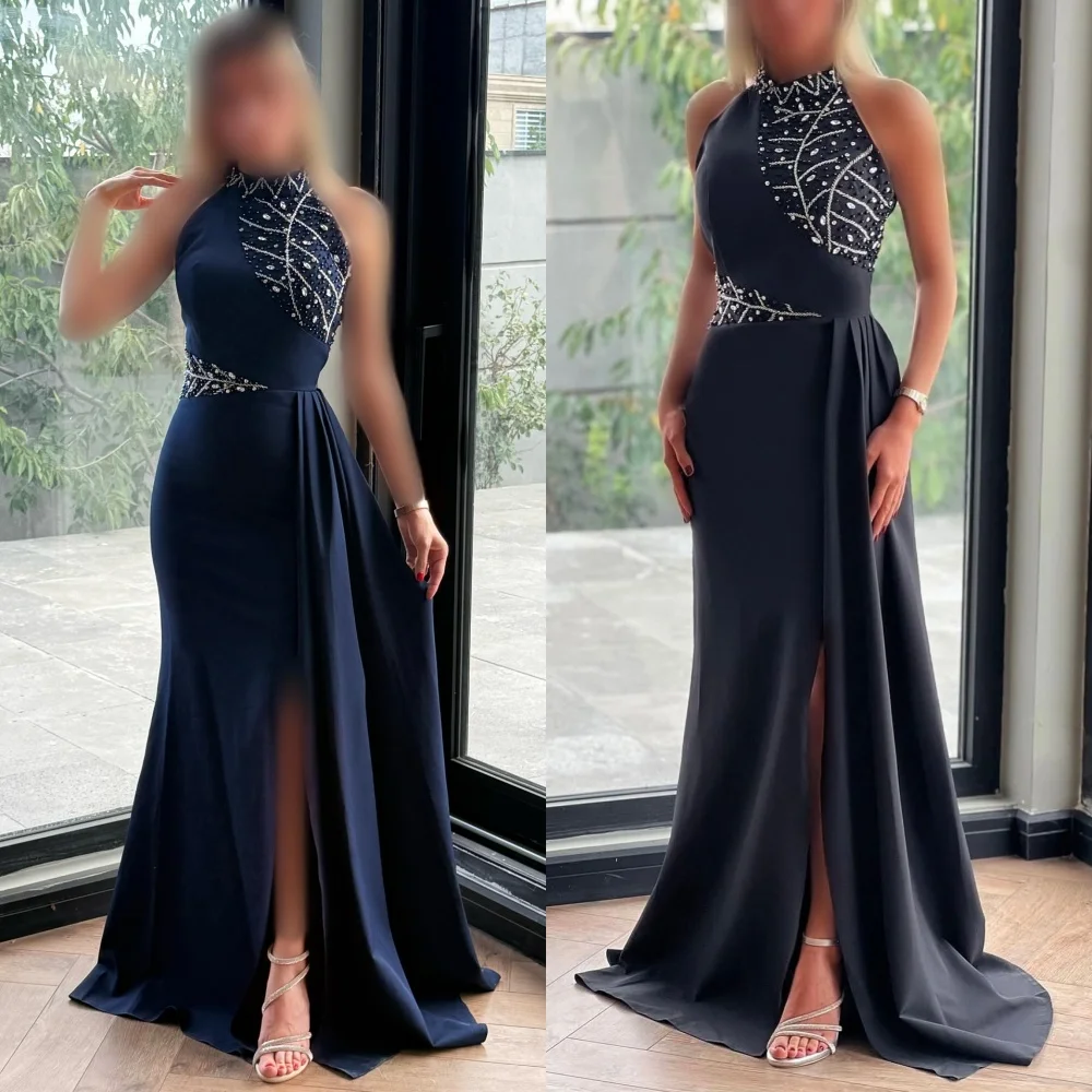 

Customized Intricate Sexy Jersey Beading Rhinestone Mermaid High Collar Long Dresses Bespoke Occasion Dresses Classic Fashion