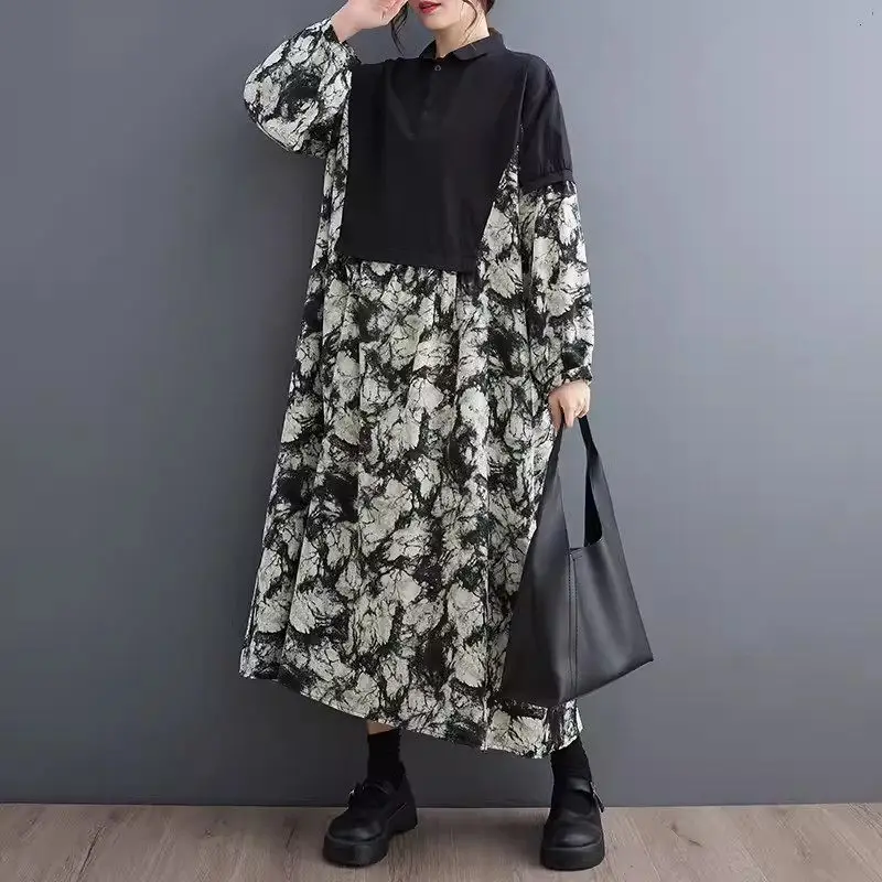 Artistic Printed Irregular Splicing Dress 2024 Spring And Autumn New Loose Fashion Casual Versatile Shirt Dress Women K2182