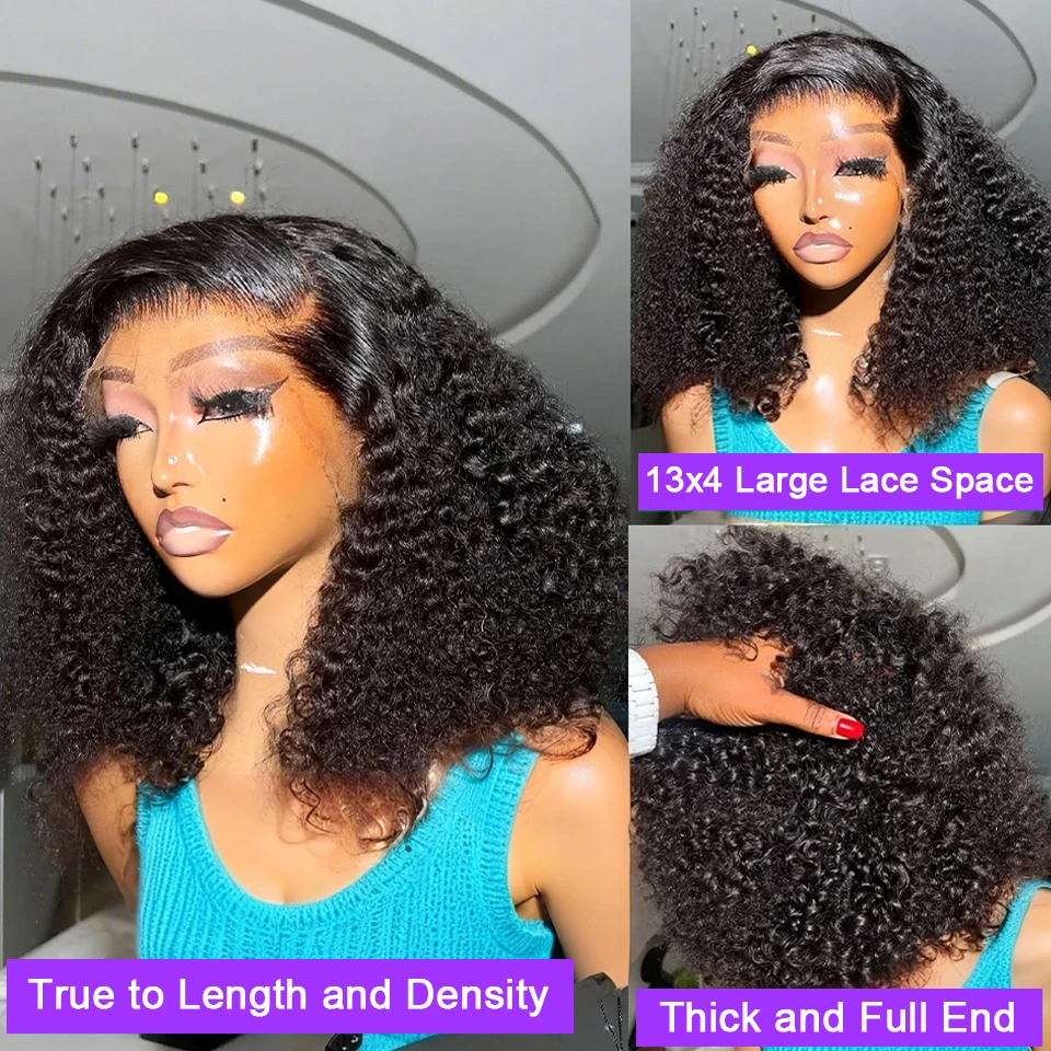 200 Density Curly Bob Wig Human Hair 13x4 HD Lace Frontal Deep Wave Wigs for Black Women Short Bob Wig Human Hair Glueless Wear and Go Deep Wave Lace Wigs Natural Black 14 Inch Pre Plucked image 2