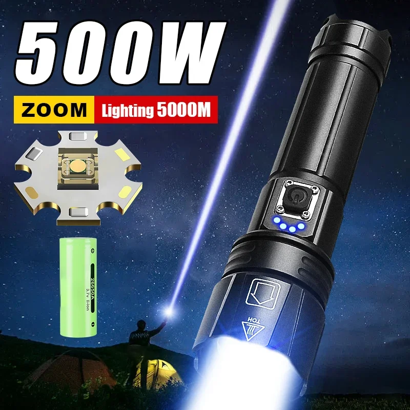 Powerful 500W Led Flashlight Telescopic Zoom 5000 Meters Rechargeable Flashlight Waterproof Torch Tactical Lantern As Power Bank