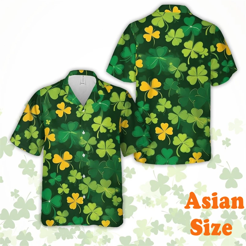 St. Patrick's Day Men Shirt Green Theme Shamrock Print Lapel Short Sleeve Shirts Festival Street Best Gift 2025 Man Blouse Top