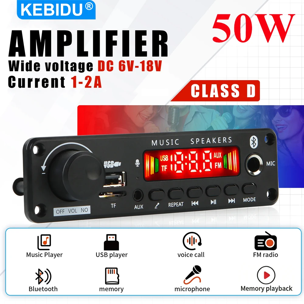 KEBIDU 50W Verstärker MP3 WAV Decoder Board Auto Bluetooth MP3-Player Kabelloser Musikplayer mit Mikrofon TF-Kartensteckplatz USB FM Lautstärkeregelung