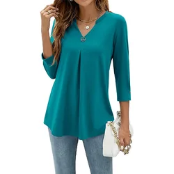 2024 Spring Autumn Women T-shirt V Neck 3/4 Sleeve Pin Decor Pleated Hem Solid Color Slim Fit Tunic T-shirt Tops Blouse