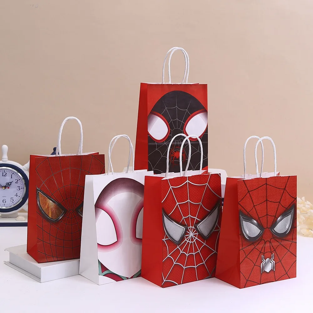 Spiderman Theme Birthday Party Decoration Supplies Cartoon Kraft Paper Bag With Handle Superheroes Spiderman Gift Bag for Kid